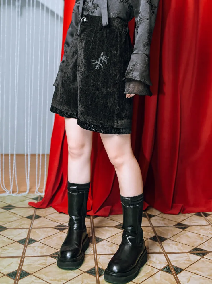 Black Shorts Embroidery China Velvet