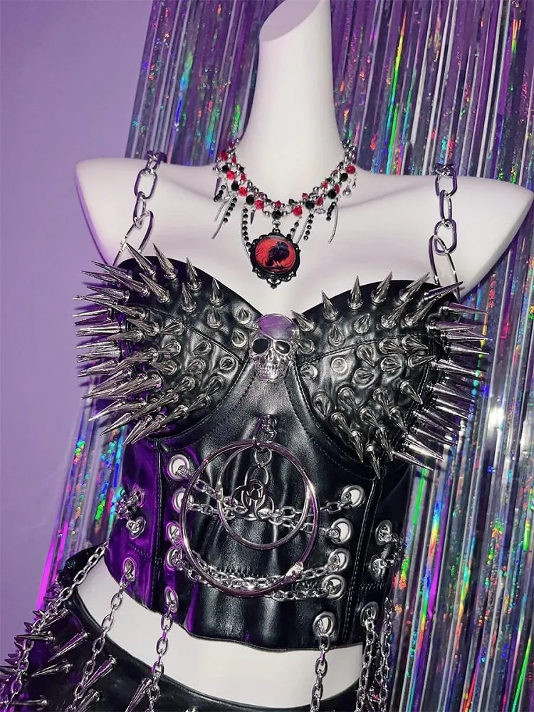Black Y2K Stud Details PU Punk Top