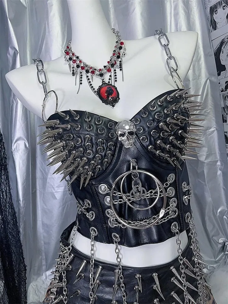 Black Y2K Stud Details PU Punk Top