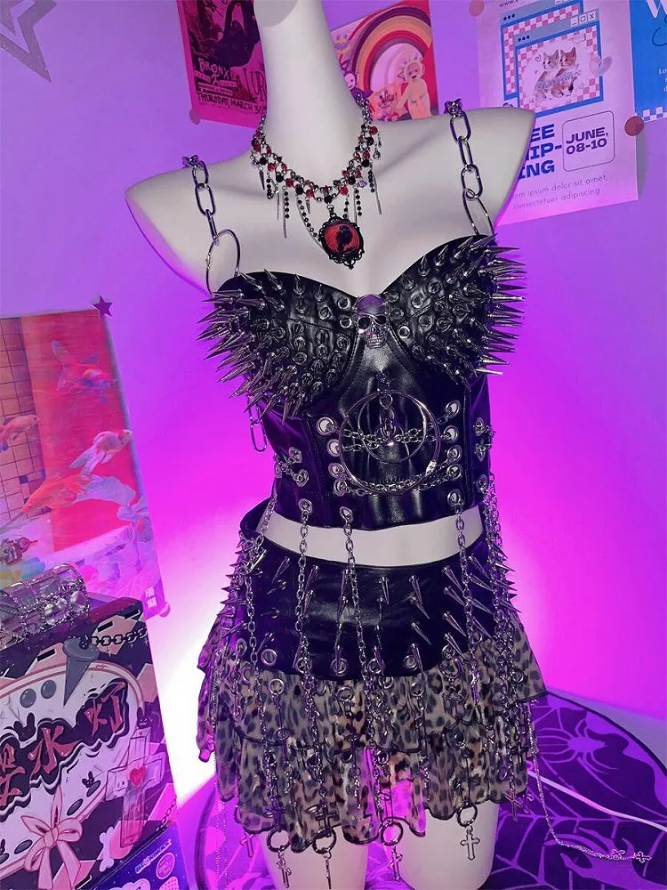 Black Y2K Stud Details PU Punk Top
