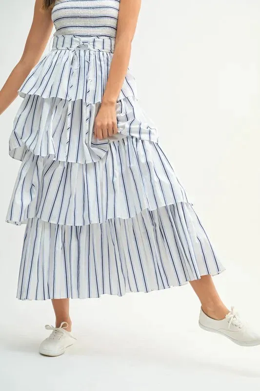 Blue Pinstripe Smocked Bodice Layered Midi Dress