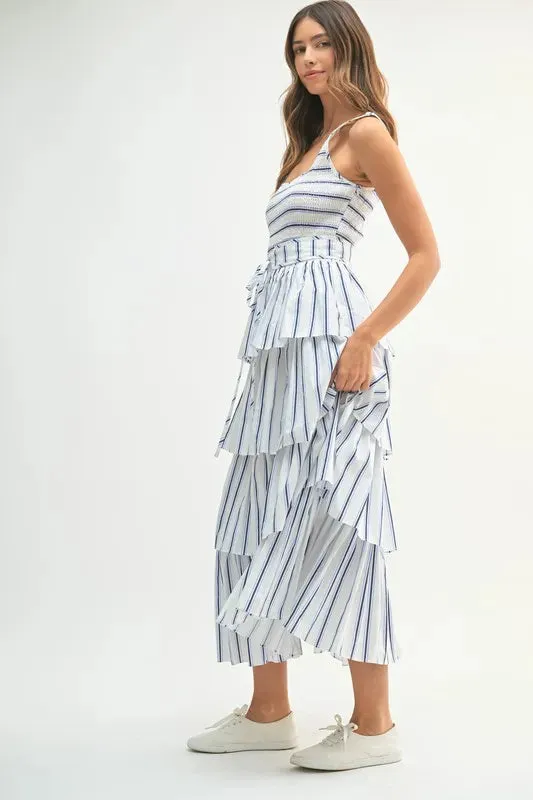 Blue Pinstripe Smocked Bodice Layered Midi Dress