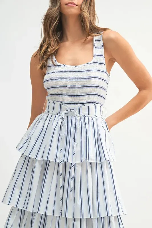 Blue Pinstripe Smocked Bodice Layered Midi Dress