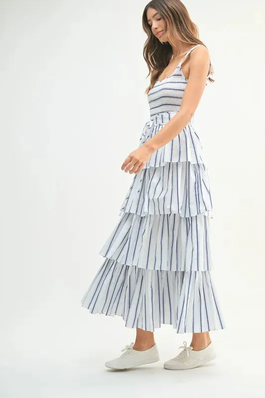 Blue Pinstripe Smocked Bodice Layered Midi Dress