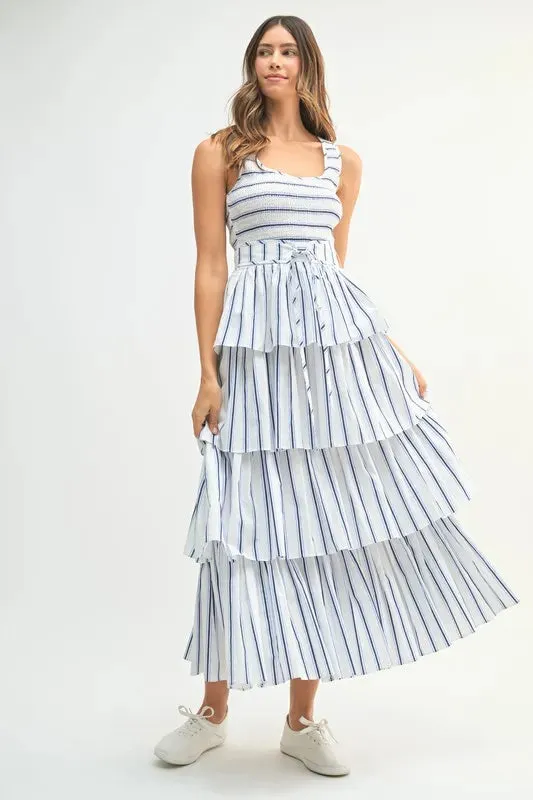 Blue Pinstripe Smocked Bodice Layered Midi Dress