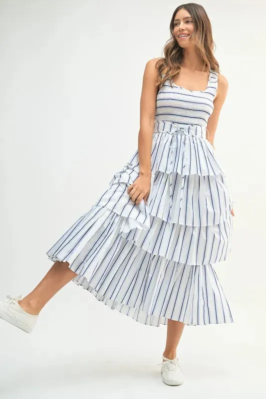 Blue Pinstripe Smocked Bodice Layered Midi Dress
