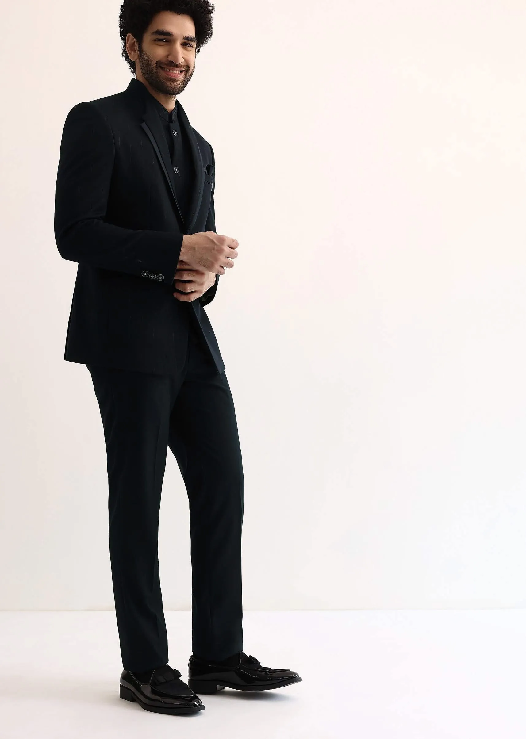 Blue Self Work Embroidered Tuxedo