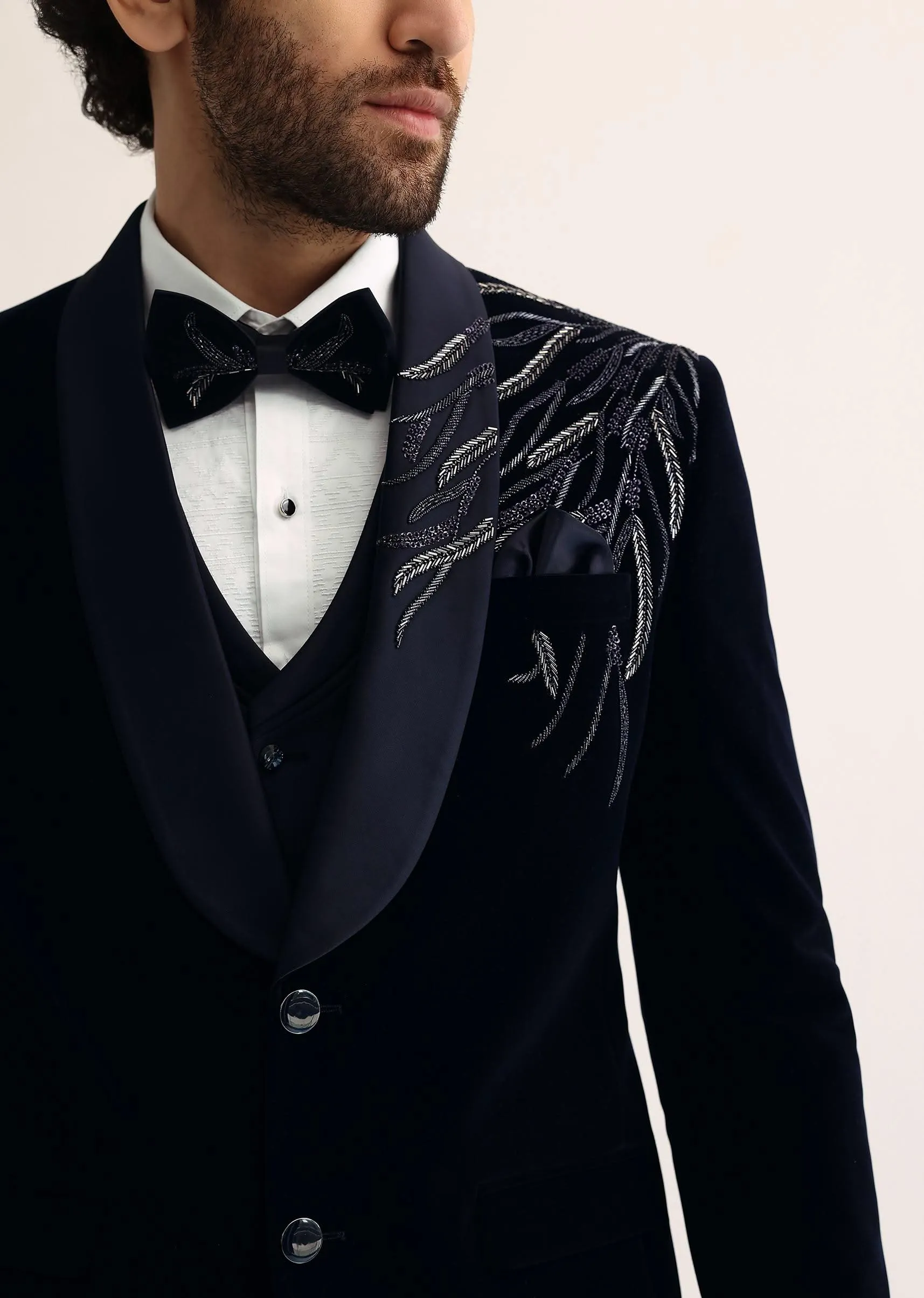 Blue Velvet Cut Dana Embroidered Tuxedo