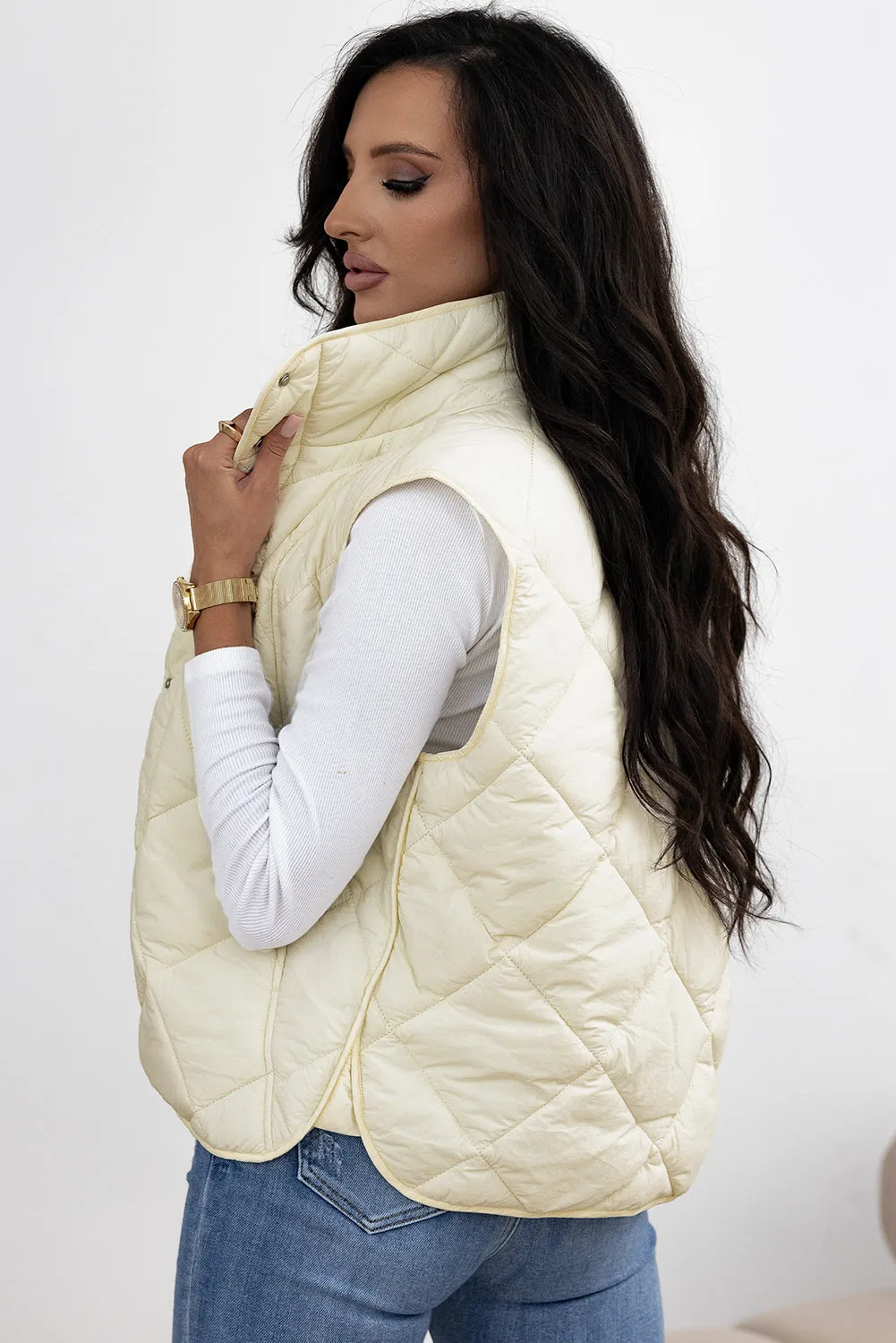 Blue Zone Planet |  Beige Quilted High Neck Button Up Pocket Vest Coat