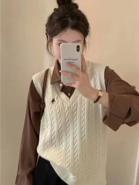 Dermearne 2024 Embroidery V-neck Knitted Vest Women Vintage Solid Pullover Cable Sweater New Korean Retro Spring Autumn Loose Tank Tops
