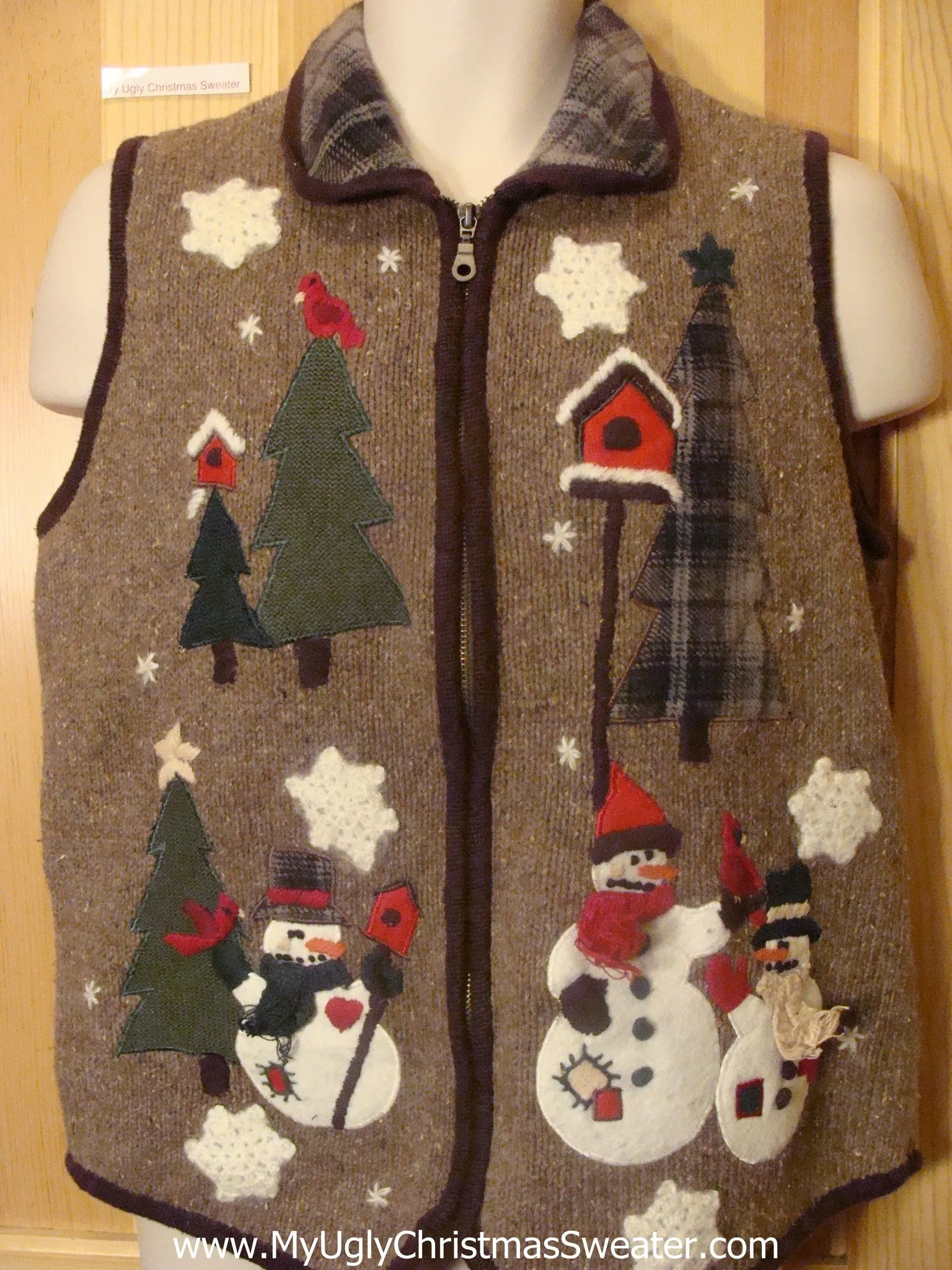 Funny Christmas Sweater Vest Brown Plaid Collar