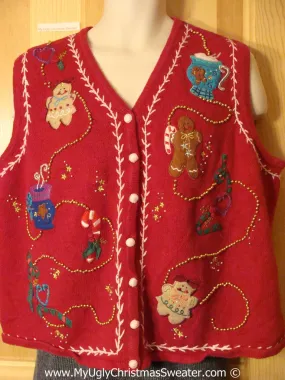 Gingerbread Man Tacky Cheesy Holiday Sweater Vest with Bling (f1153)