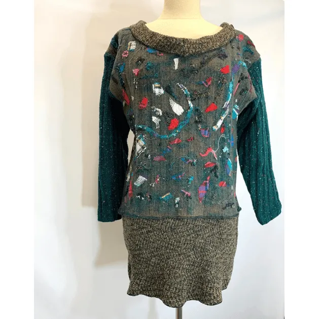 Green and brown wool pullover felted sweater jumper in recycled fabrics