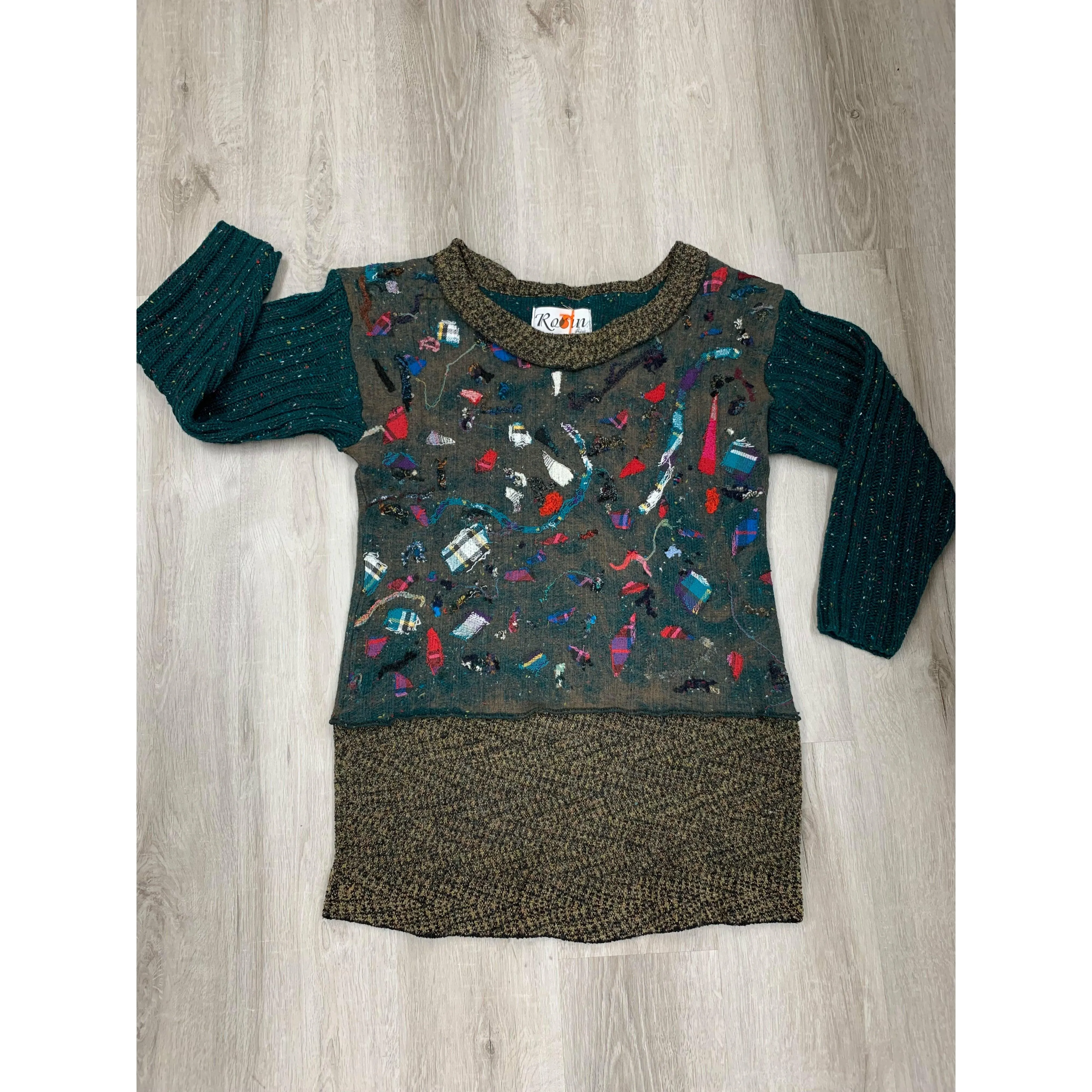 Green and brown wool pullover felted sweater jumper in recycled fabrics