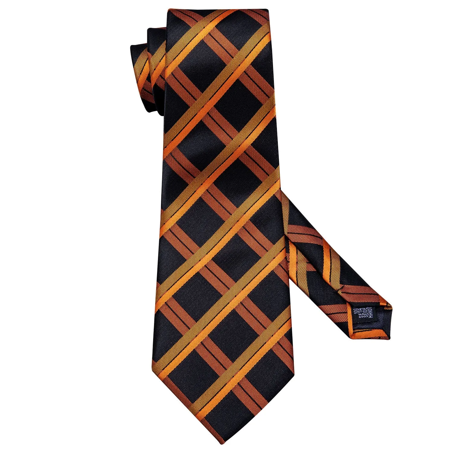 Hi-Tie Black Necktie Orange Plaid Mens Tie Pocket Square Cufflinks Set