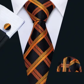 Hi-Tie Black Necktie Orange Plaid Mens Tie Pocket Square Cufflinks Set
