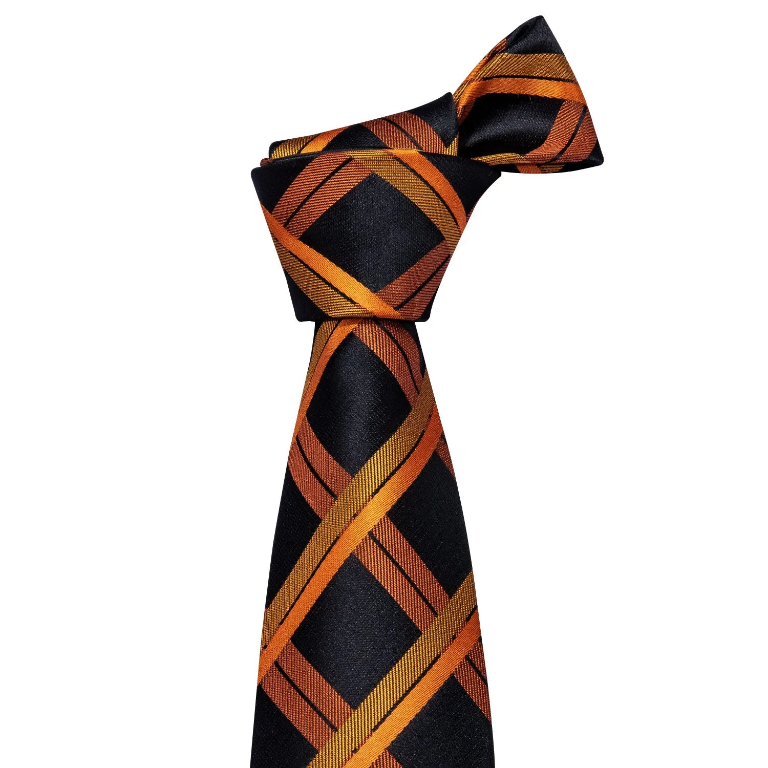 Hi-Tie Black Necktie Orange Plaid Mens Tie Pocket Square Cufflinks Set