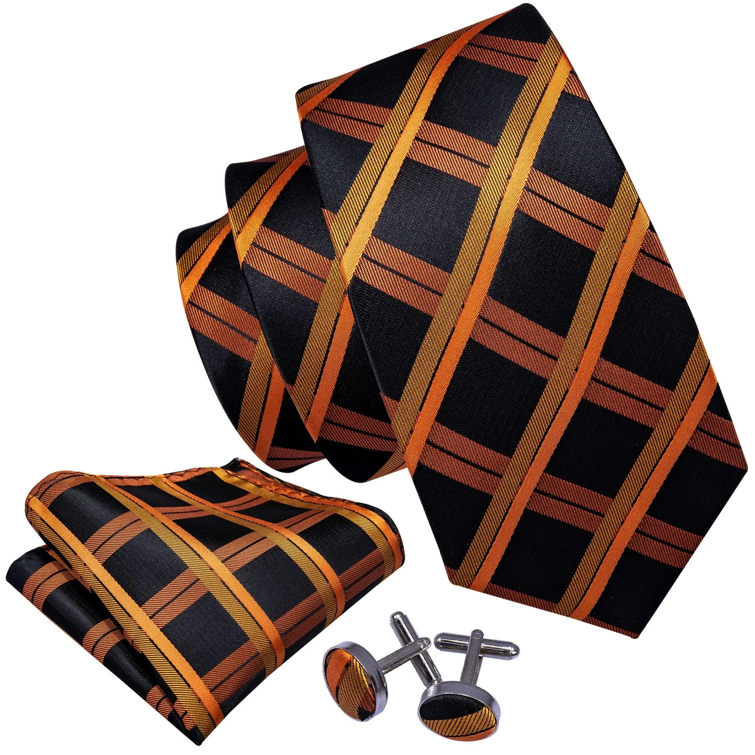 Hi-Tie Black Necktie Orange Plaid Mens Tie Pocket Square Cufflinks Set