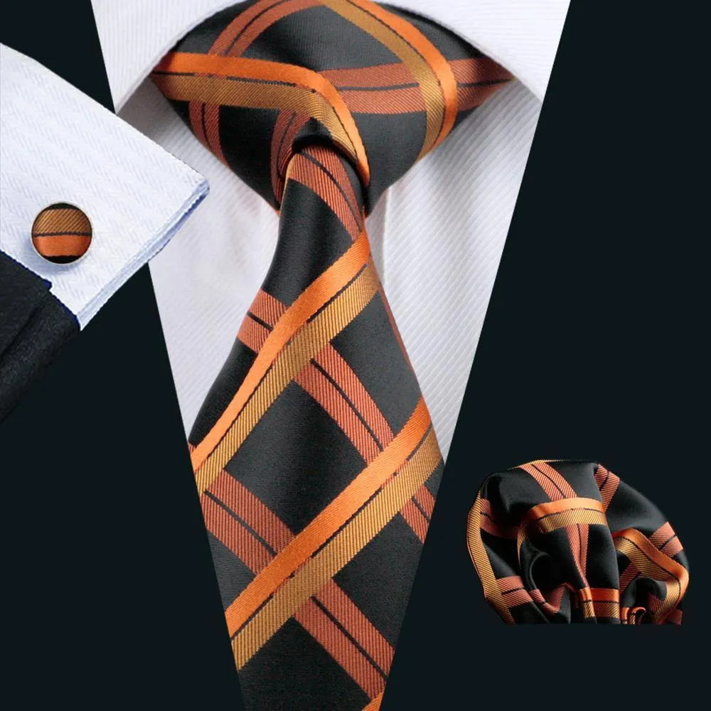 Hi-Tie Black Necktie Orange Plaid Mens Tie Pocket Square Cufflinks Set