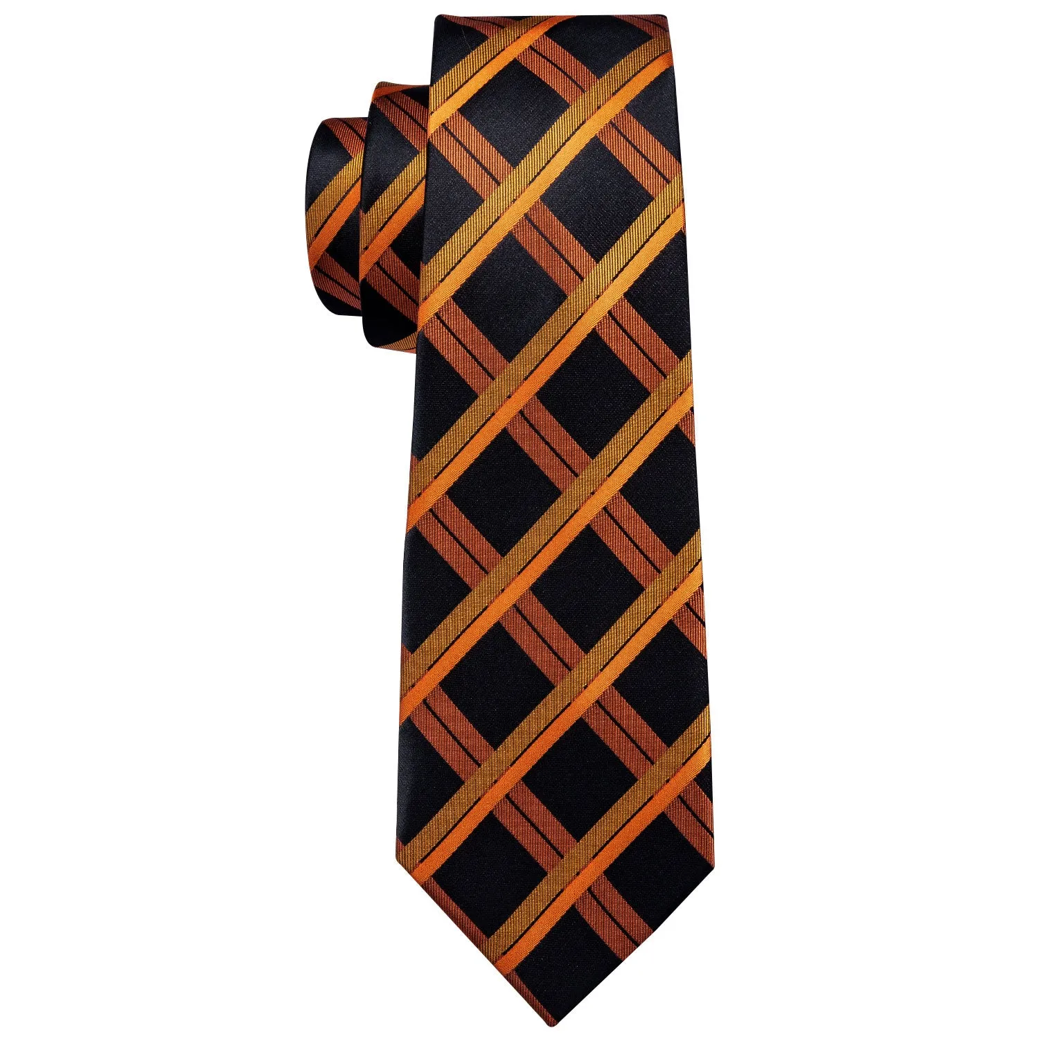 Hi-Tie Black Necktie Orange Plaid Mens Tie Pocket Square Cufflinks Set