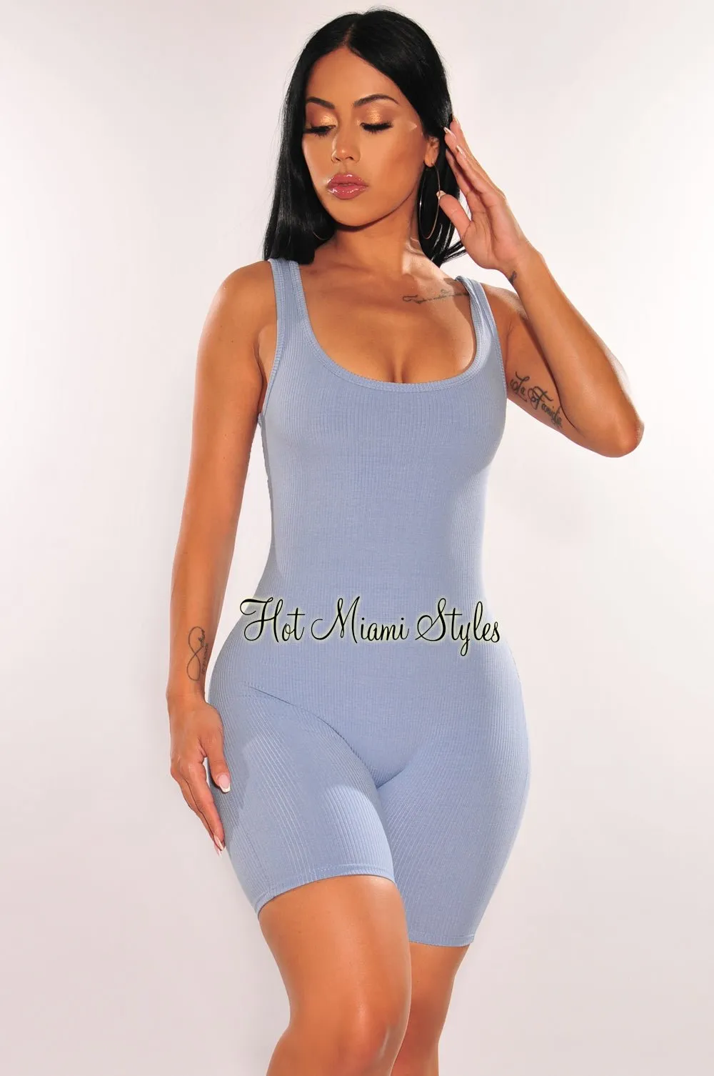 HMS Essential: Sky Blue Round Neck Ribbed Knit Romper