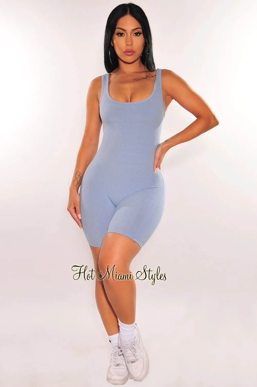 HMS Essential: Sky Blue Round Neck Ribbed Knit Romper