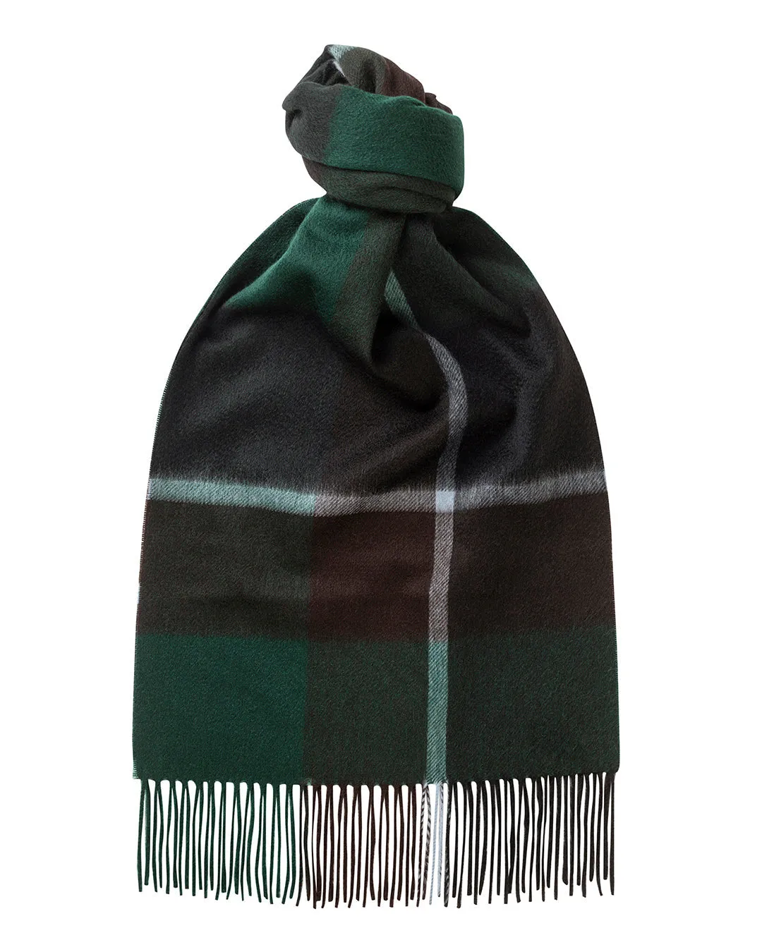 Joshua Ellis - Classic Check Hand Cut Cashmere Scarf Chocolate Green x Black
