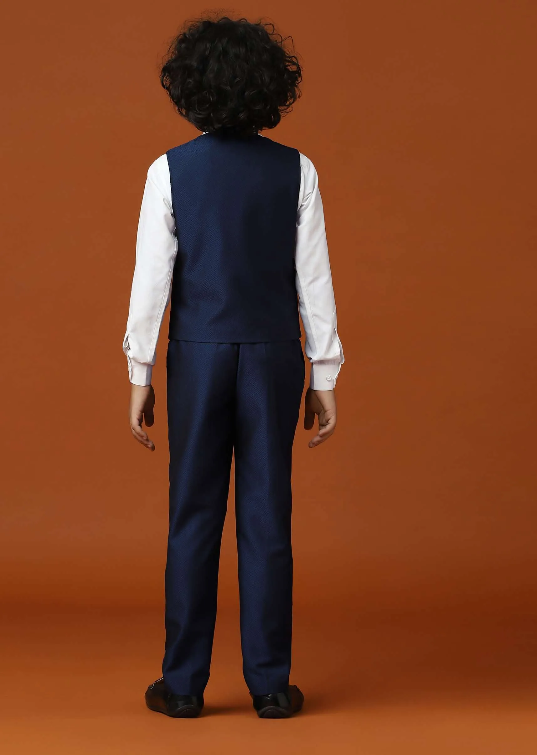 Kalki Navy Blue Tuxedo Set InTerry Rayon With Embroidery For Boys