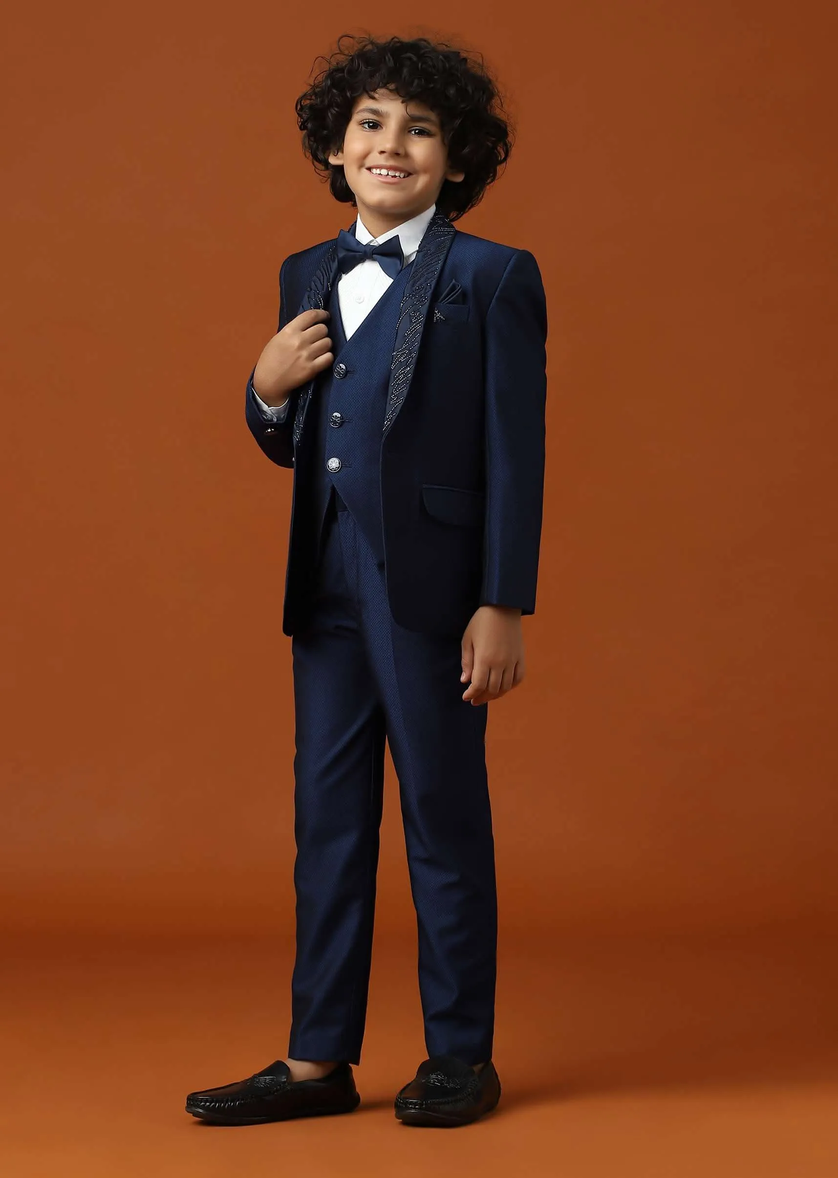 Kalki Navy Blue Tuxedo Set InTerry Rayon With Embroidery For Boys