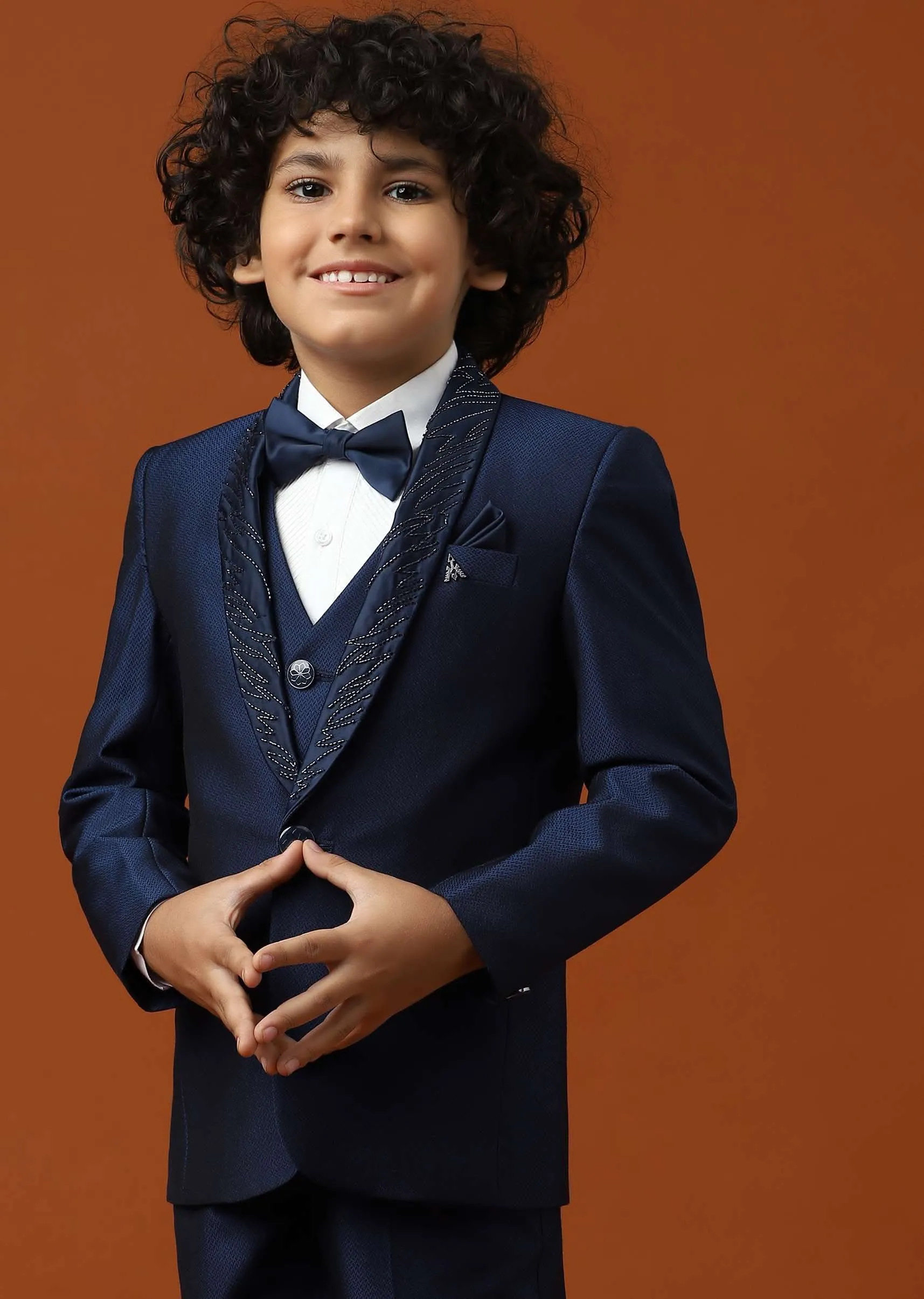 Kalki Navy Blue Tuxedo Set InTerry Rayon With Embroidery For Boys