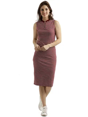 Miss Chase Women's Comfortable Sleeveless Striped Midi Bodycon Dress with Zipper | 3 Colors(MCSS17D07-87-139-04,Maroon and White,Medium)