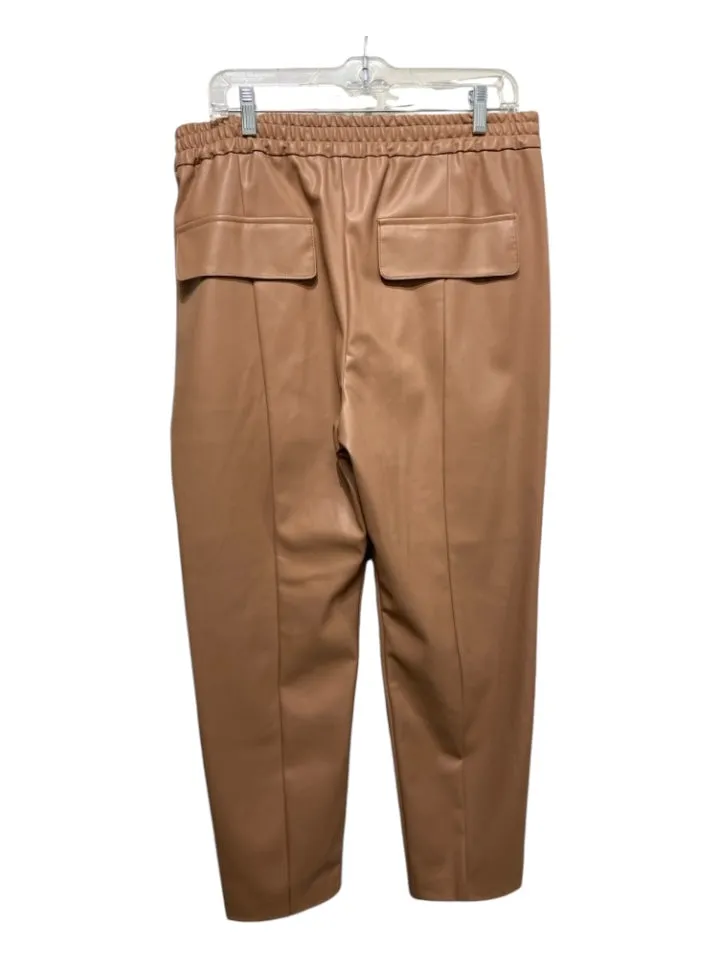 (Nude) Size L/46 Brown Faux Leather Elastic Waist Front Seam Cargo Pockets Pants