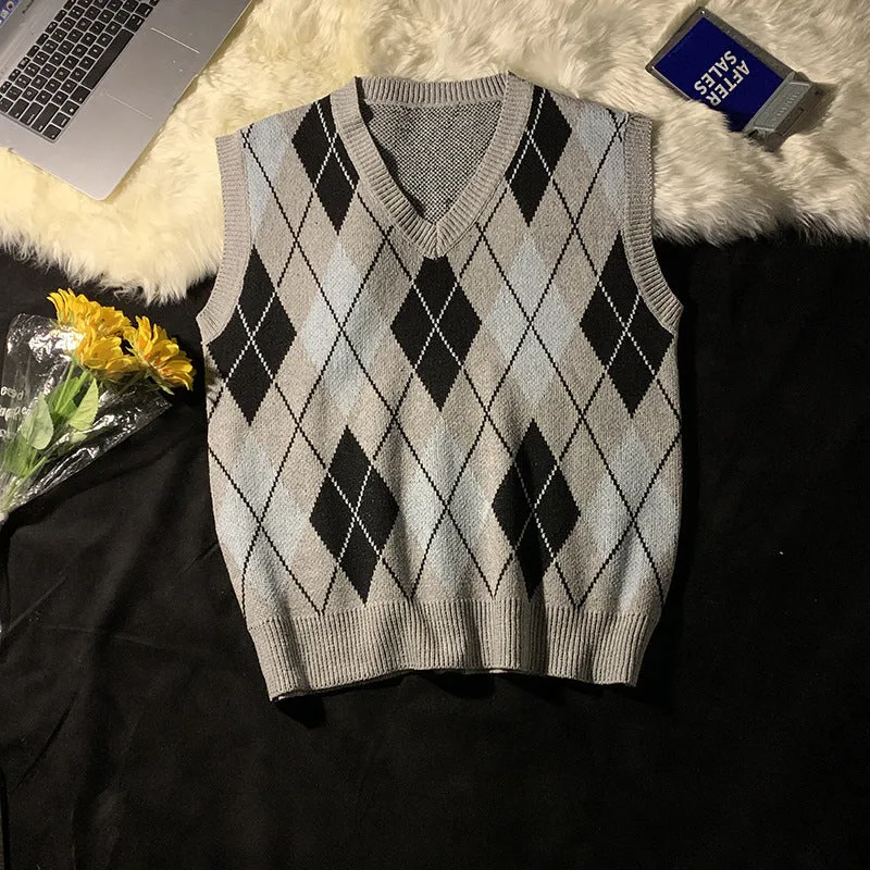 Nukty-shop old money outfits men Autumn and Winter College Style Rhombus Vest Sweater Men's Retro Lazy Style Loose Couple Knitted Vest Ins Fashion
