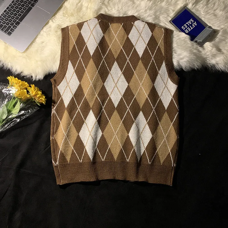 Nukty-shop old money outfits men Autumn and Winter College Style Rhombus Vest Sweater Men's Retro Lazy Style Loose Couple Knitted Vest Ins Fashion