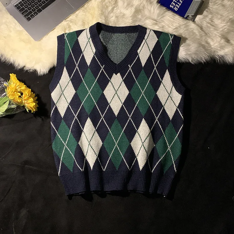 Nukty-shop old money outfits men Autumn and Winter College Style Rhombus Vest Sweater Men's Retro Lazy Style Loose Couple Knitted Vest Ins Fashion