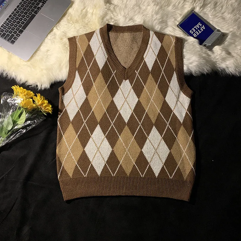 Nukty-shop old money outfits men Autumn and Winter College Style Rhombus Vest Sweater Men's Retro Lazy Style Loose Couple Knitted Vest Ins Fashion