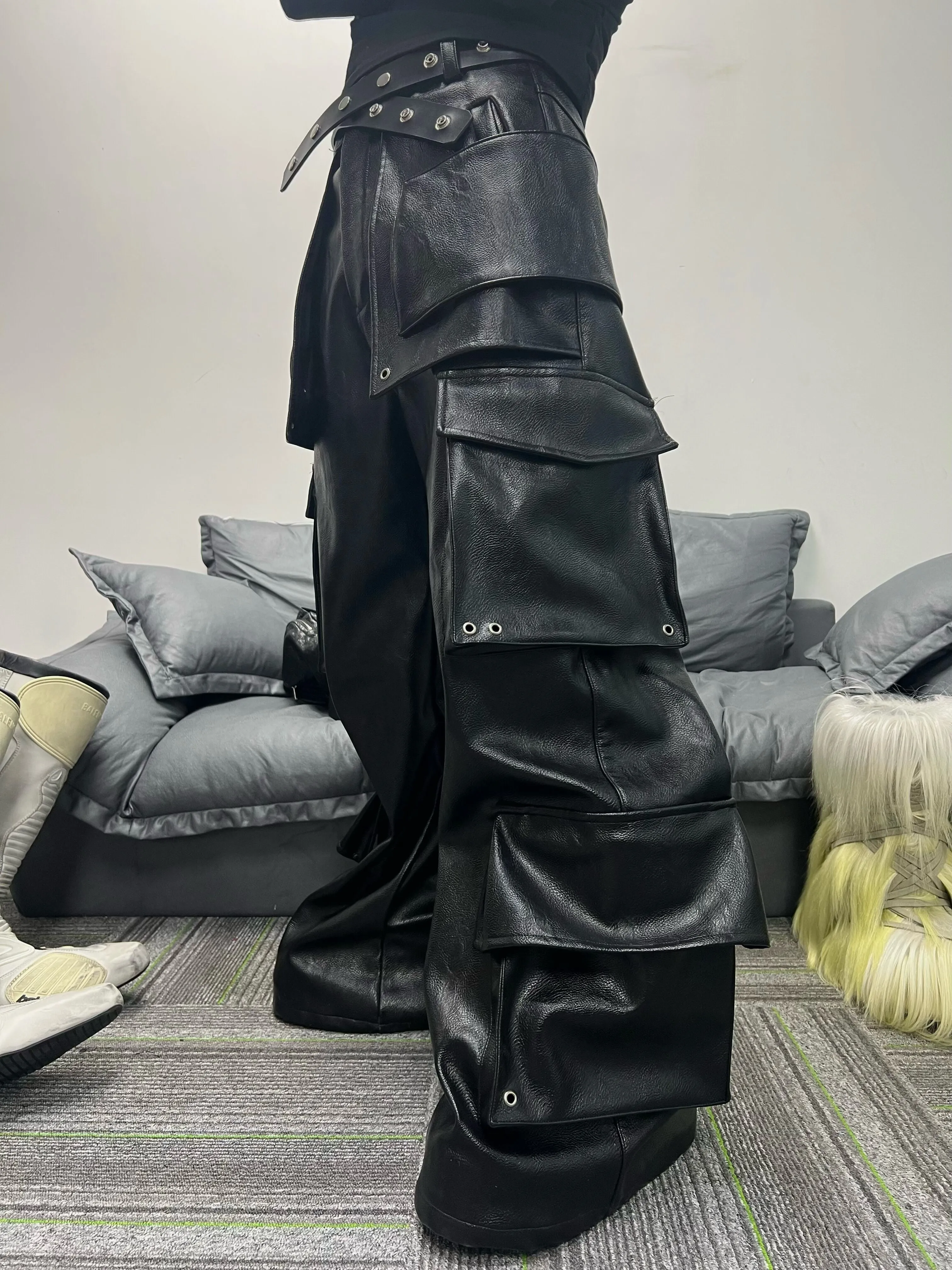 REBEL WAVE Multi-pocket Structured Cargo Leather Pants