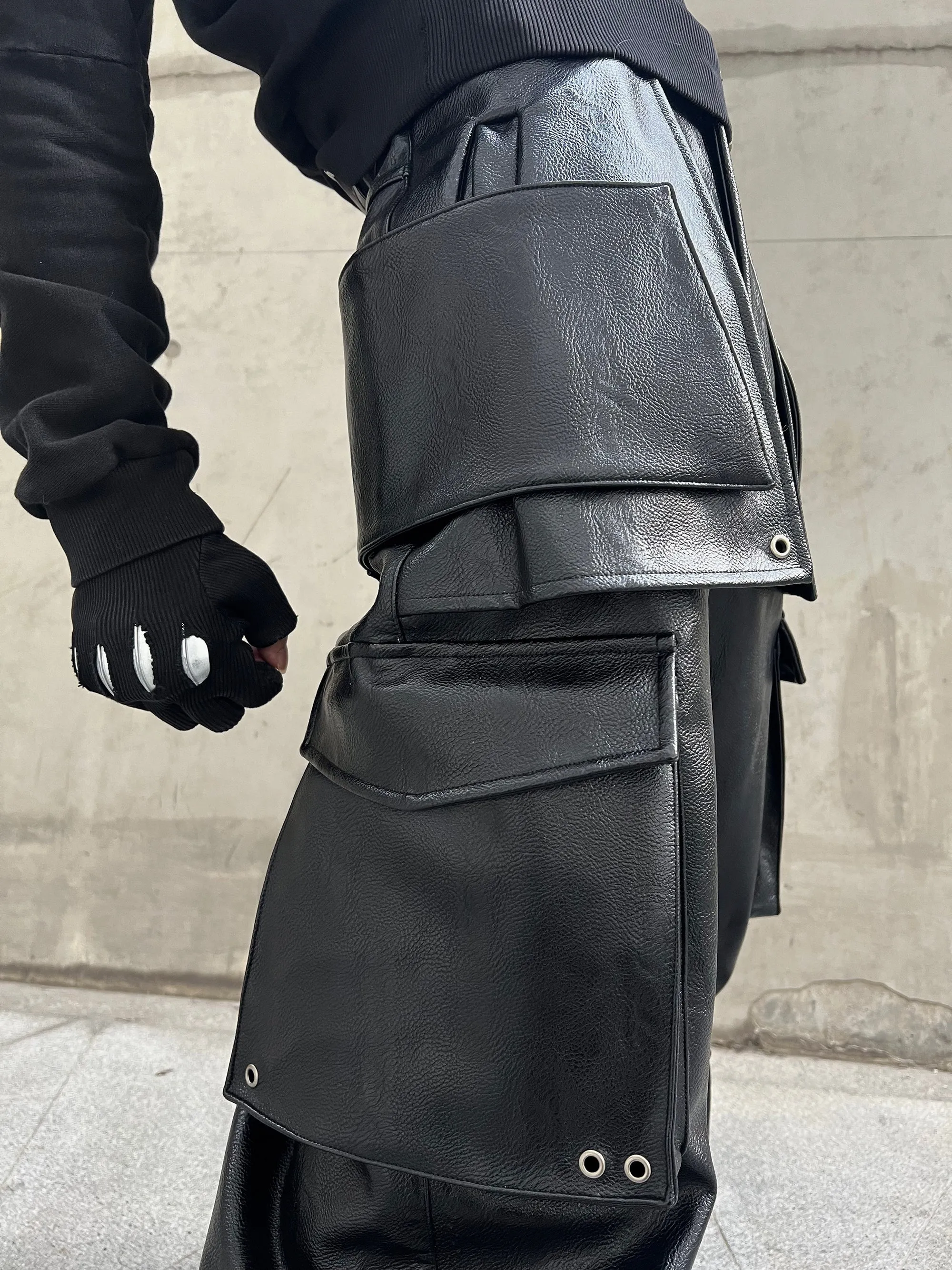 REBEL WAVE Multi-pocket Structured Cargo Leather Pants