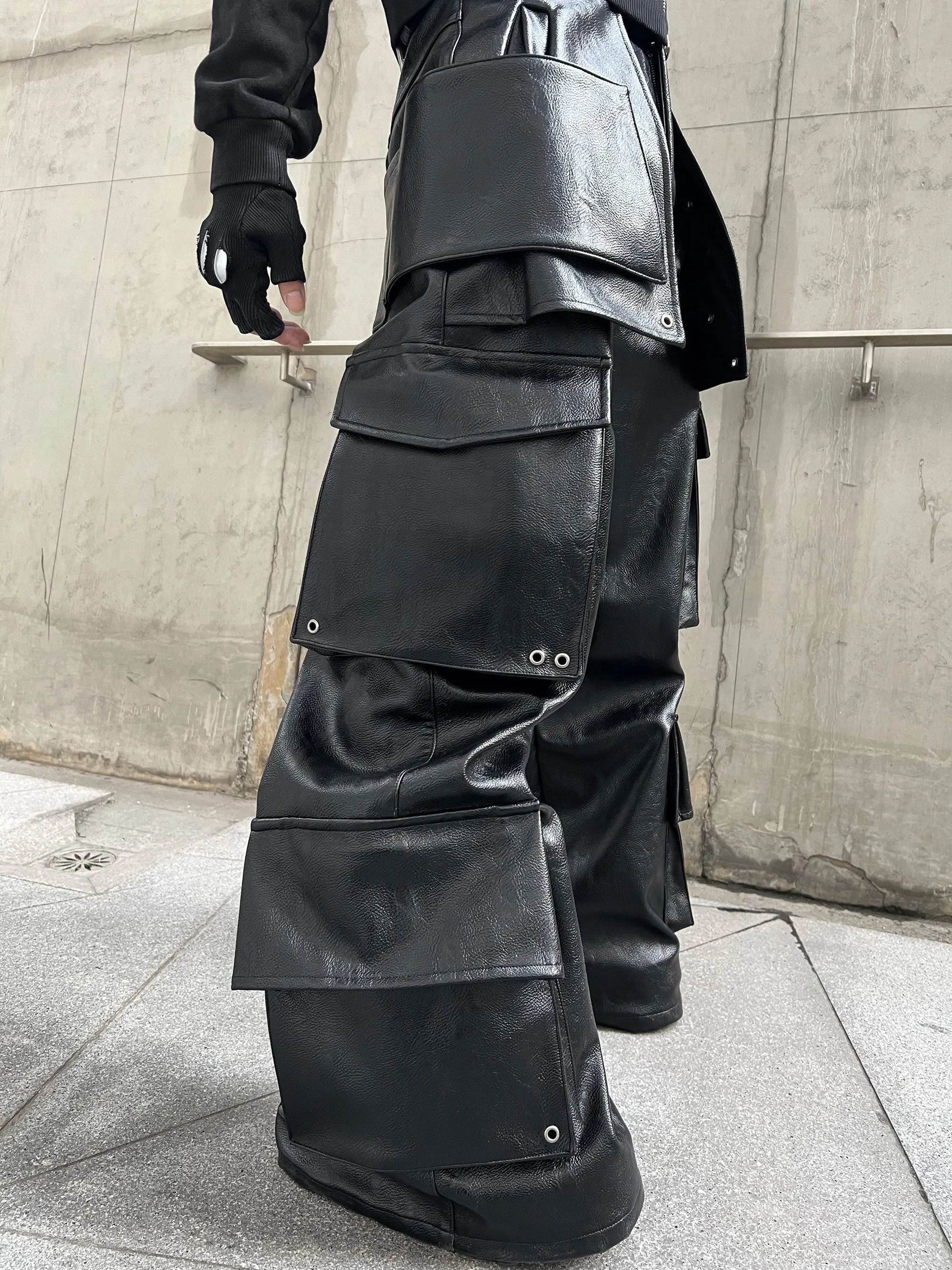 REBEL WAVE Multi-pocket Structured Cargo Leather Pants