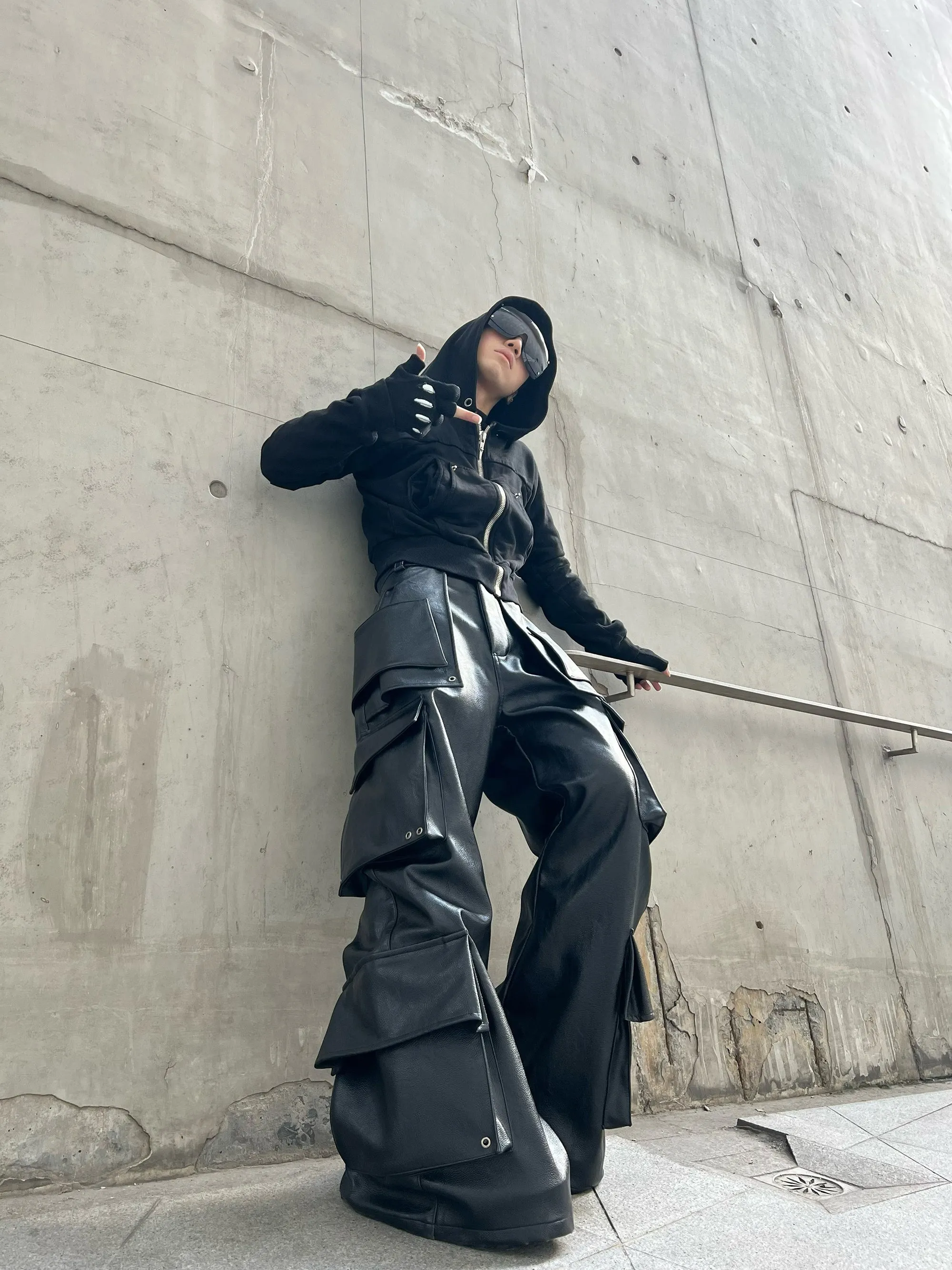 REBEL WAVE Multi-pocket Structured Cargo Leather Pants