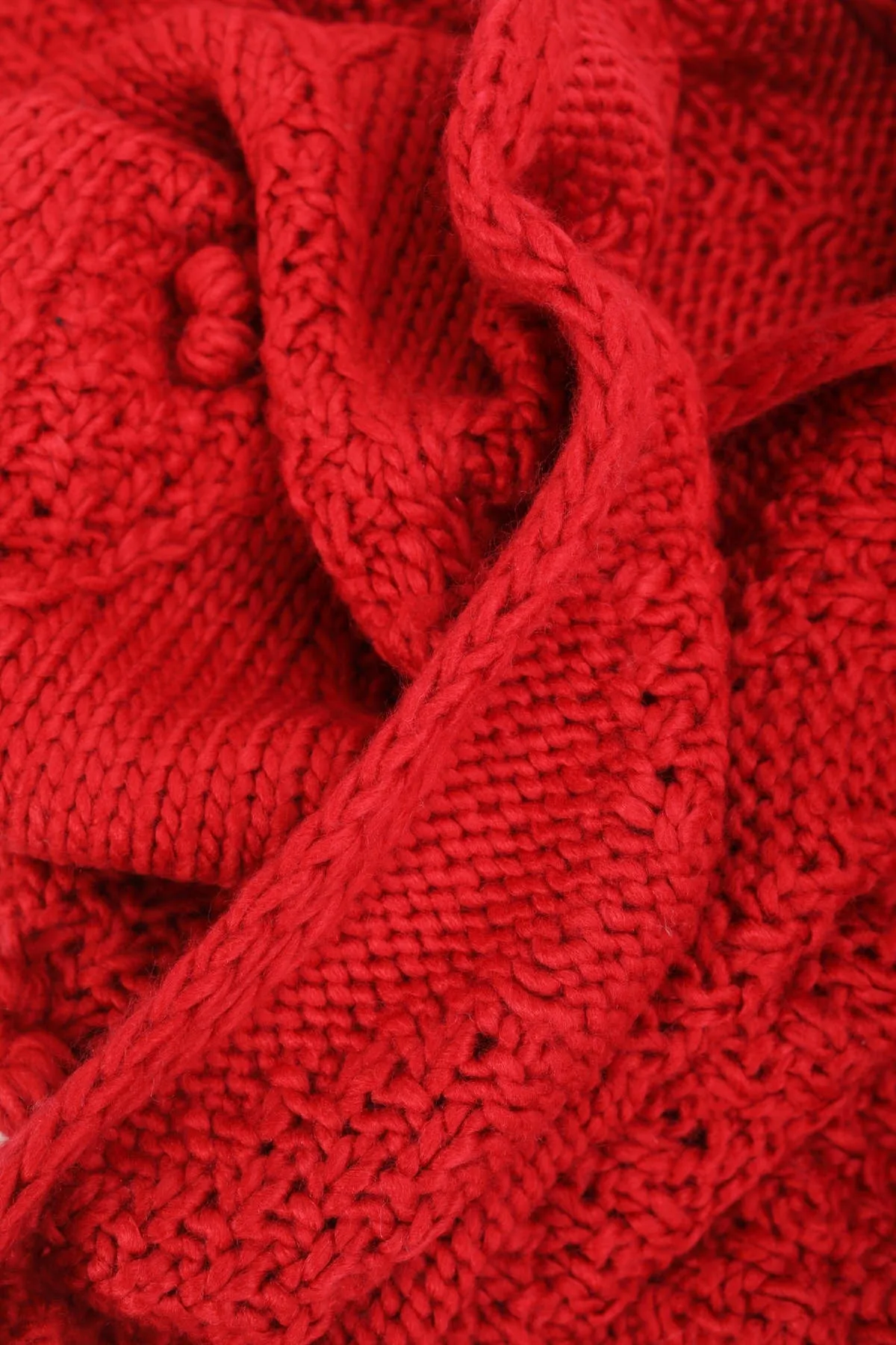 Red Pom Cable Knit Scarf