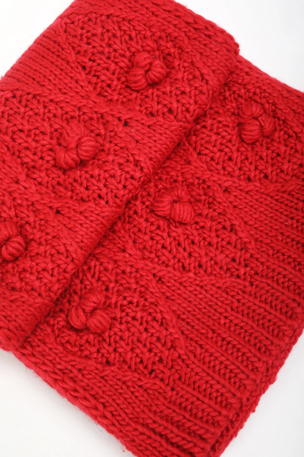 Red Pom Cable Knit Scarf