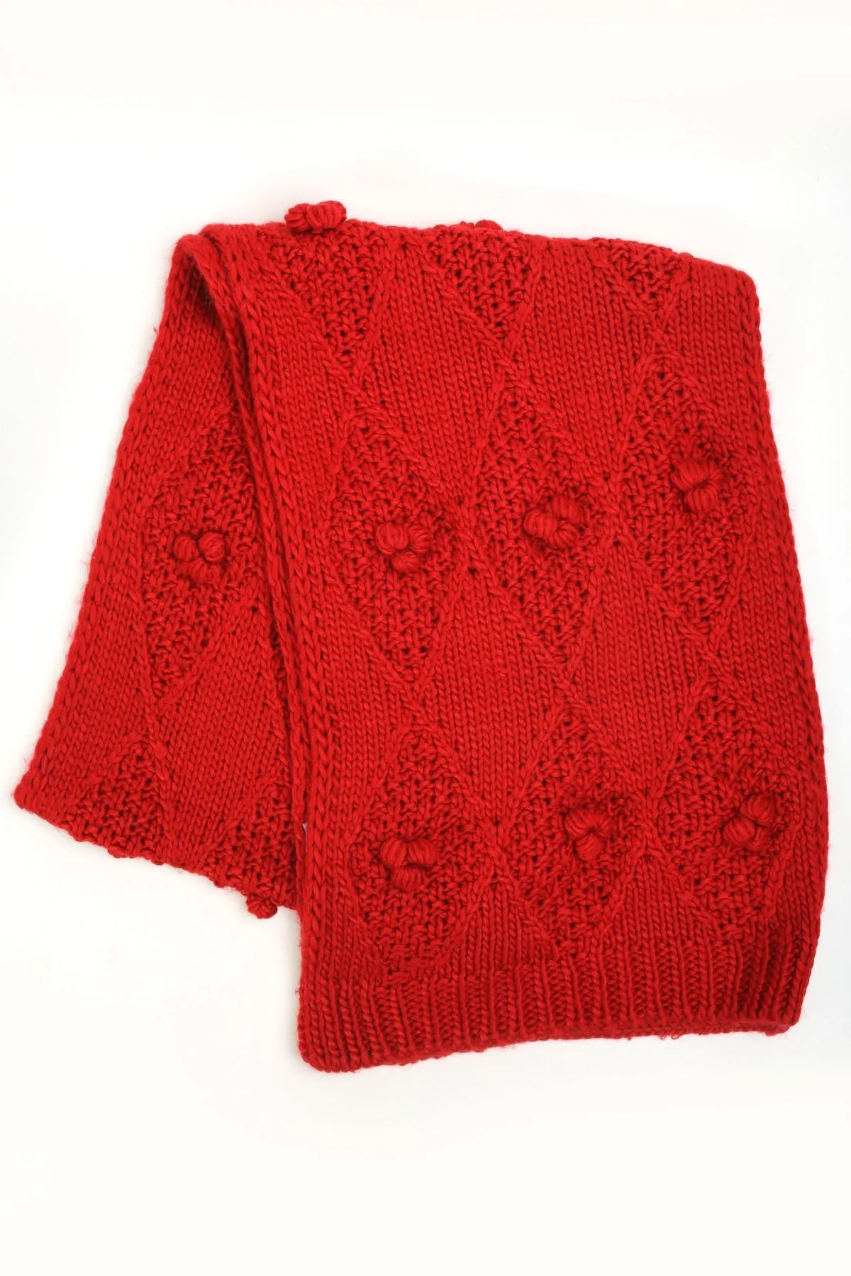 Red Pom Cable Knit Scarf