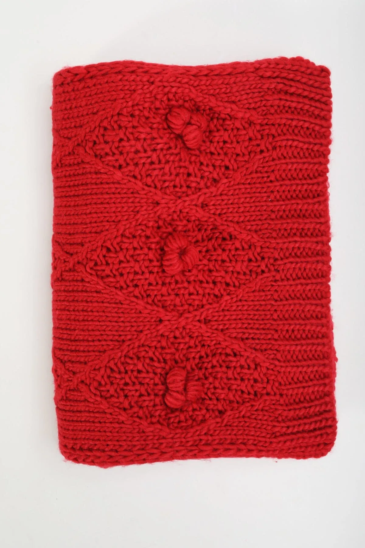 Red Pom Cable Knit Scarf