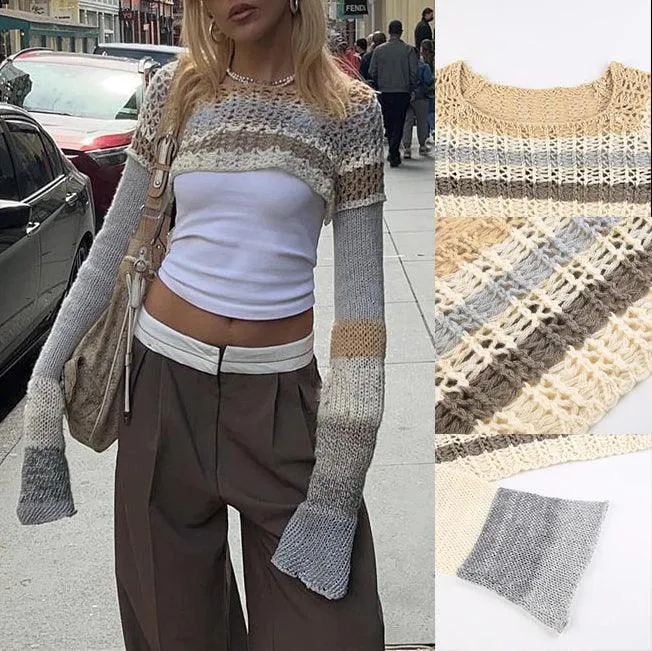 Retro Hollow Out Casual Crop Top, Beautiful Knitted Long Sleeve For Women