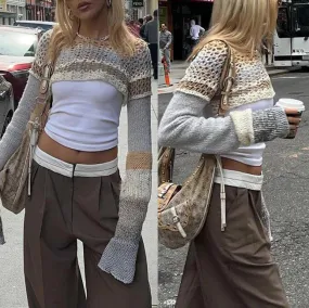 Retro Hollow Out Casual Crop Top, Beautiful Knitted Long Sleeve For Women