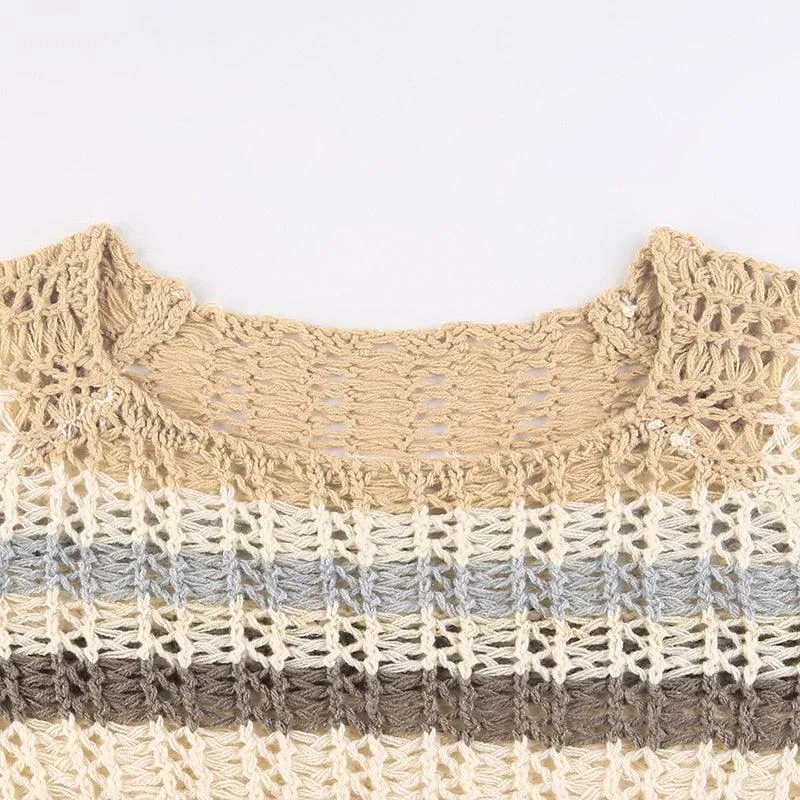 Retro Hollow Out Casual Crop Top, Beautiful Knitted Long Sleeve For Women