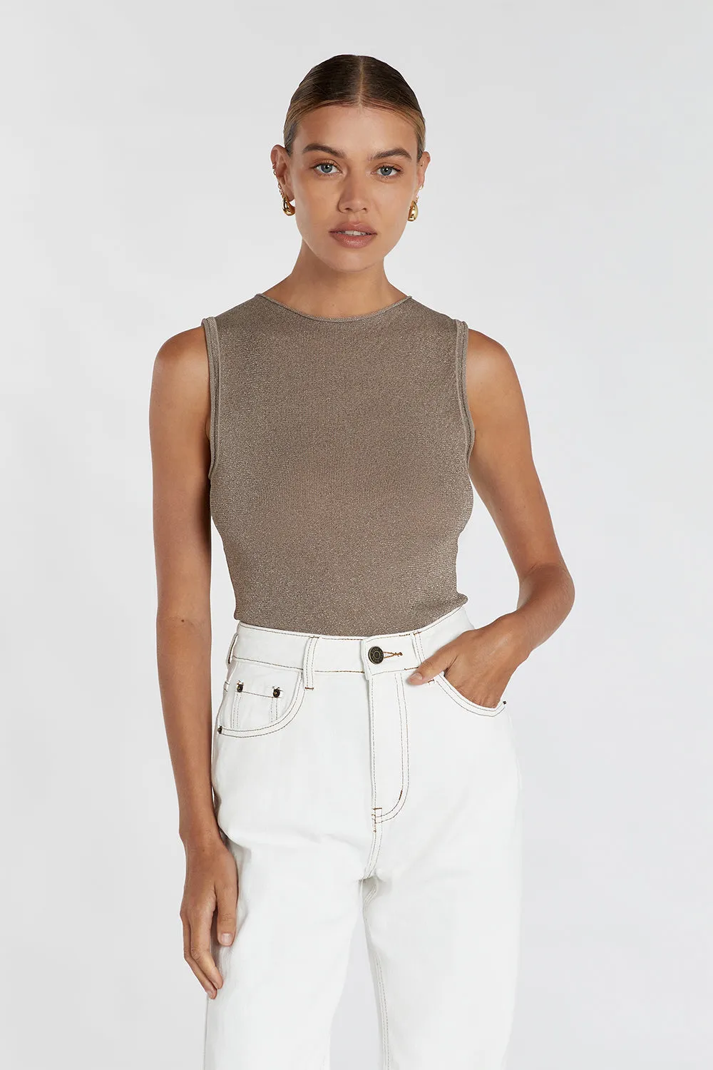 SERENA LATTE METALLIC BOAT NECK TOP