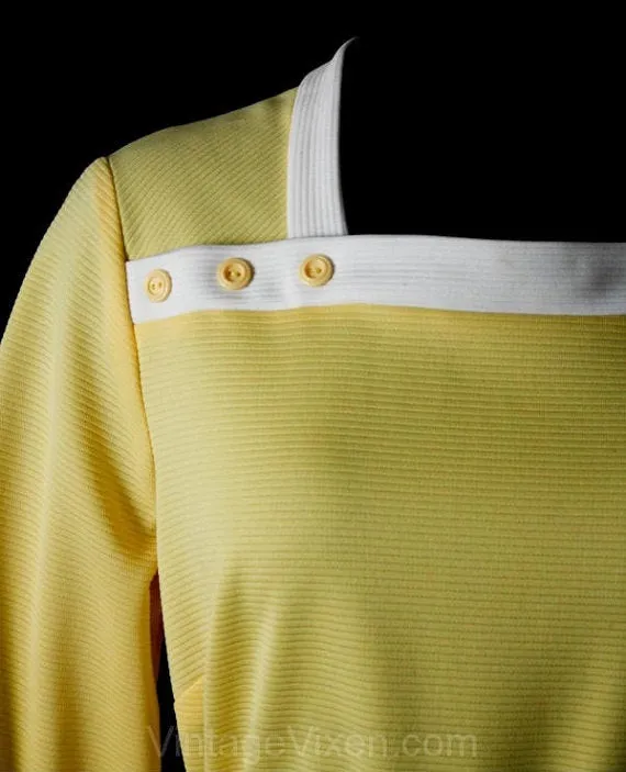 Size 10 Kitsch 60s Yellow Leisure Suit - Polyester Knit Ladies Shirt Pant - 1960s Two-Piece Theme Party Outfit - Bust 36.5 NOS Deadstock