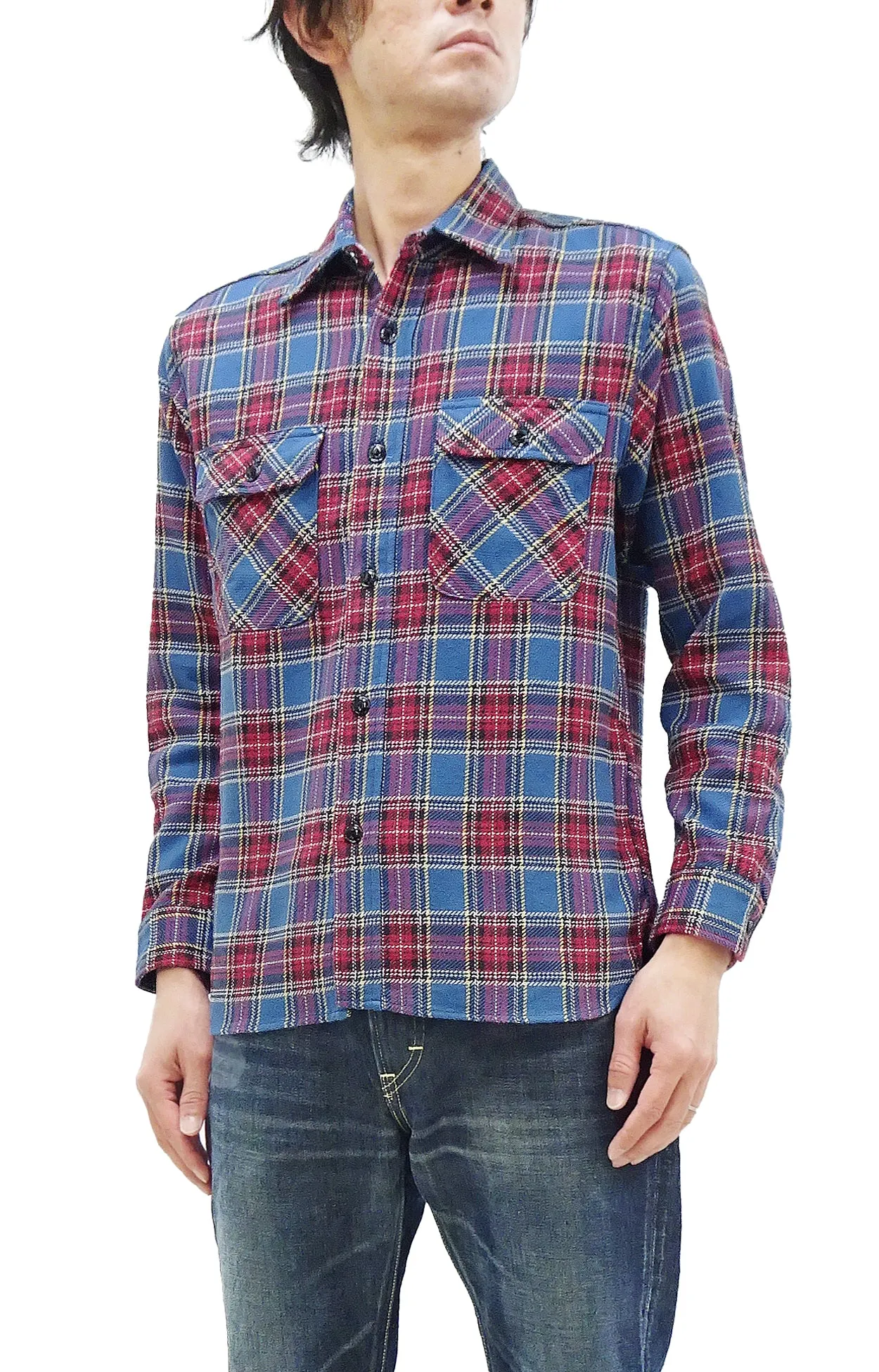 Sugar Cane Plaid Shirt Men's Heavyweight Cotton Twill Long Sleeve Button Up Work Shirt SC29158 125 Blue